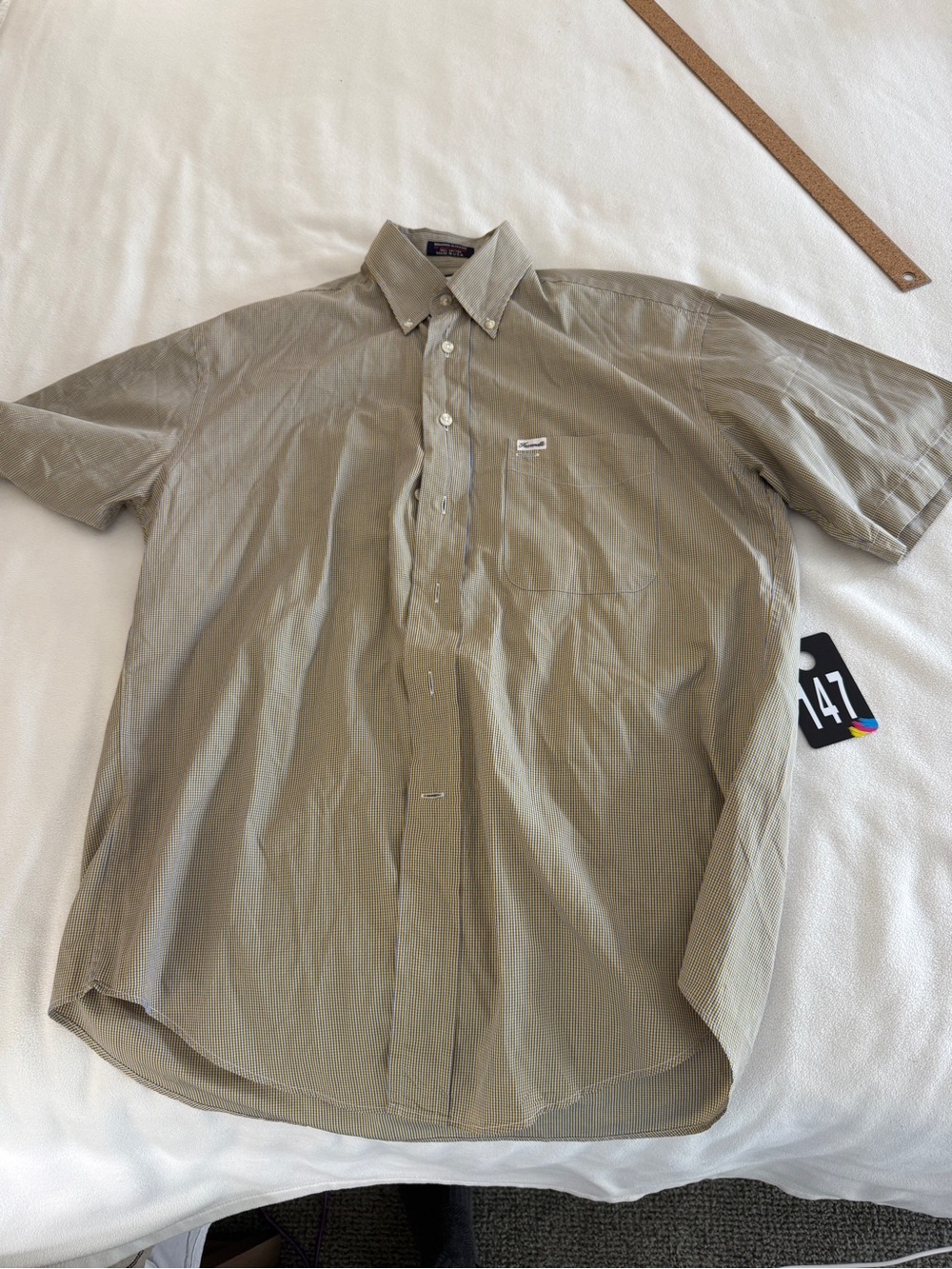 Faconnable Short-Sleeve Button-Down Shirt in Olive and Tan Large